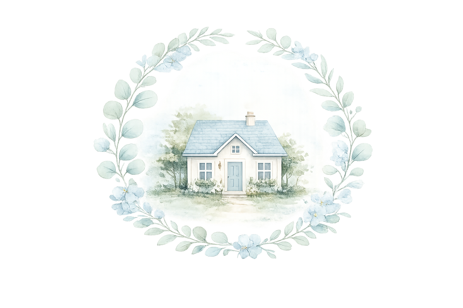 Watercolor illustration of a home surrounded by flowers and greenery