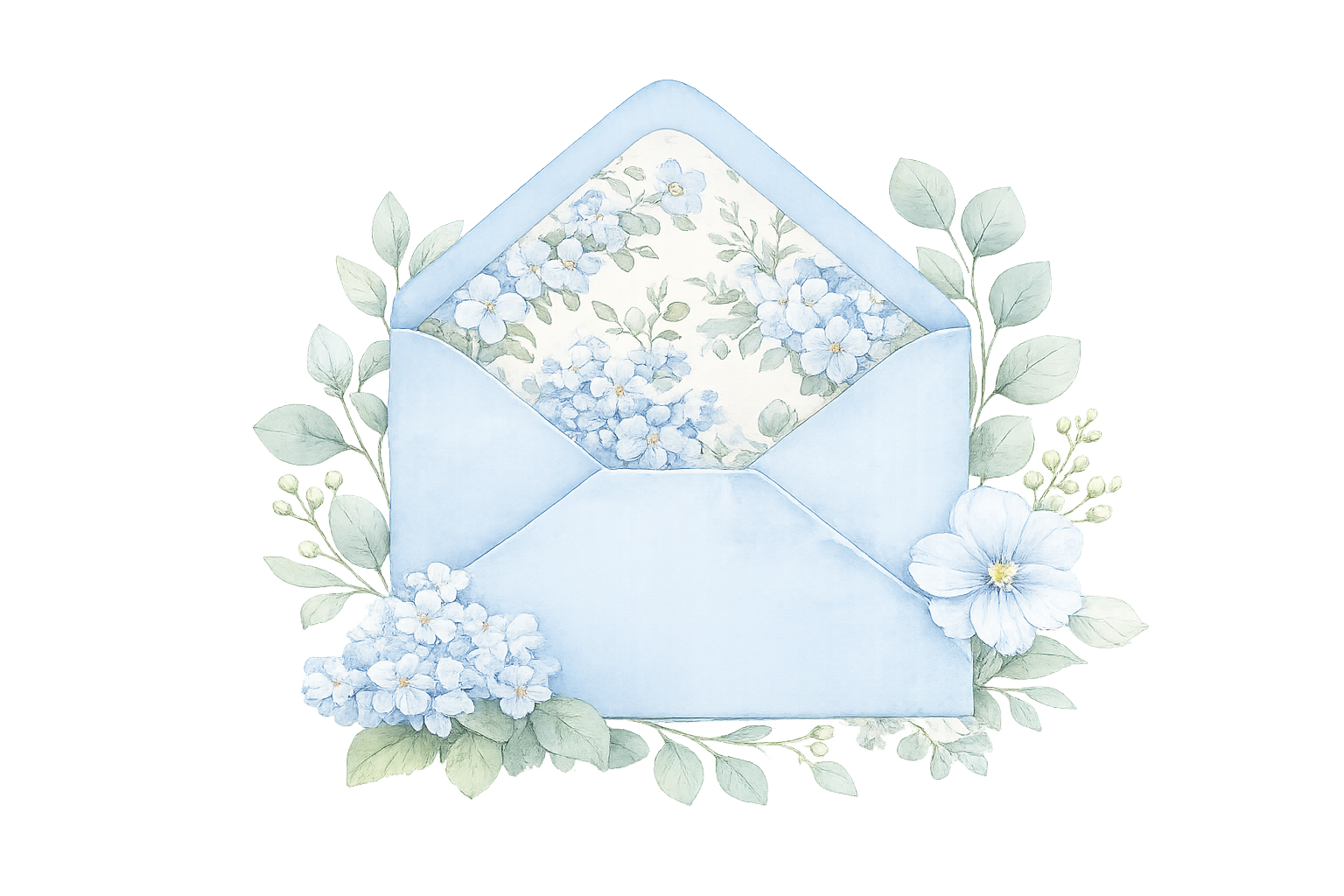 Watercolor illustration of a blue envelope surrounded by flowers